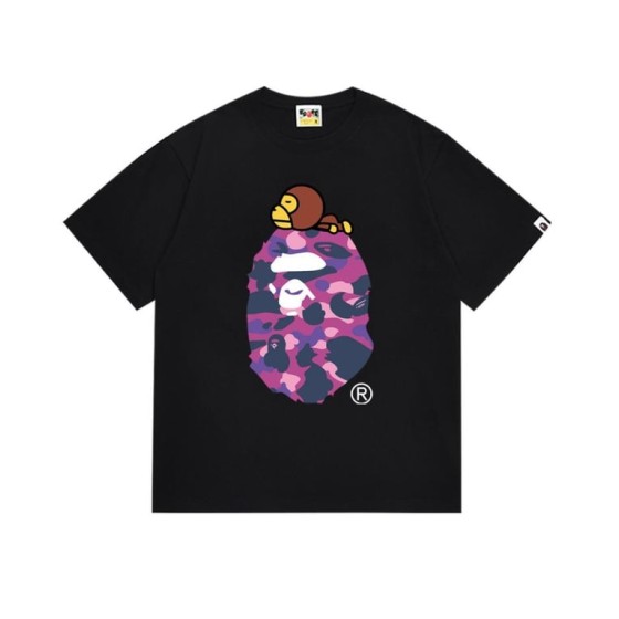 Black BAPE T-Shirt with Purple Camo Ape Head and Baby Milo Print